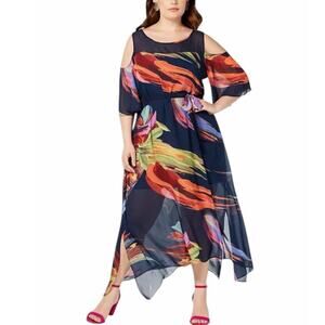Robbie Be Plus Size Cold Multi Color Shoulder Printed A-Line Maxi Dress 24W